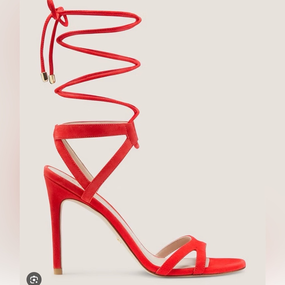 Stuart Weitzman Vibrant Red Lace-Up Heels SOIREE 100 LACE-UP SANDAL 7 / 37.5